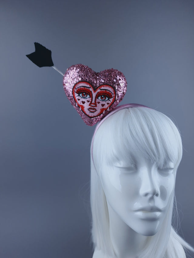 "Crush" Pink Glitter Heart with Embroidery Face Headdress