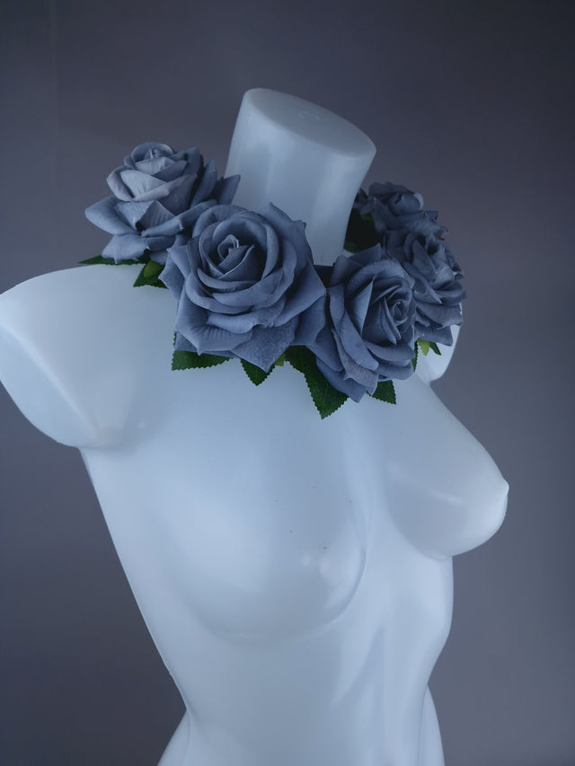 "Eva" Grey Velvet Rose Flower Headdress & Neckpiece