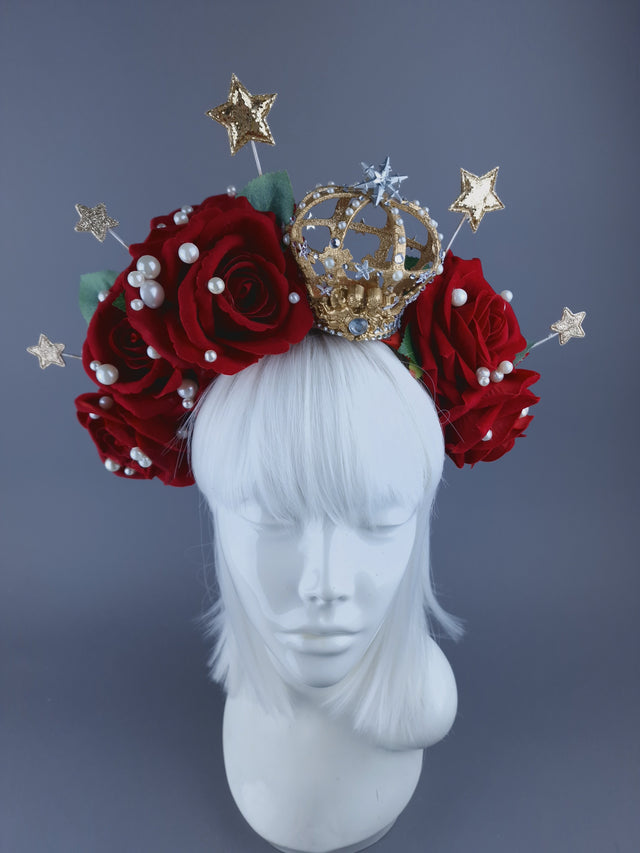 "Sanguis Christi" Red Rose, Pearls & Gold Crown Headdress