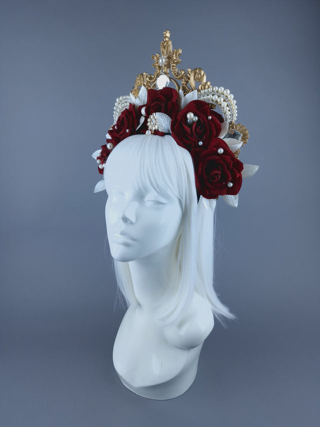 "Doryu" Red Rose, Pearls & Gold Filigree Halo Headdress