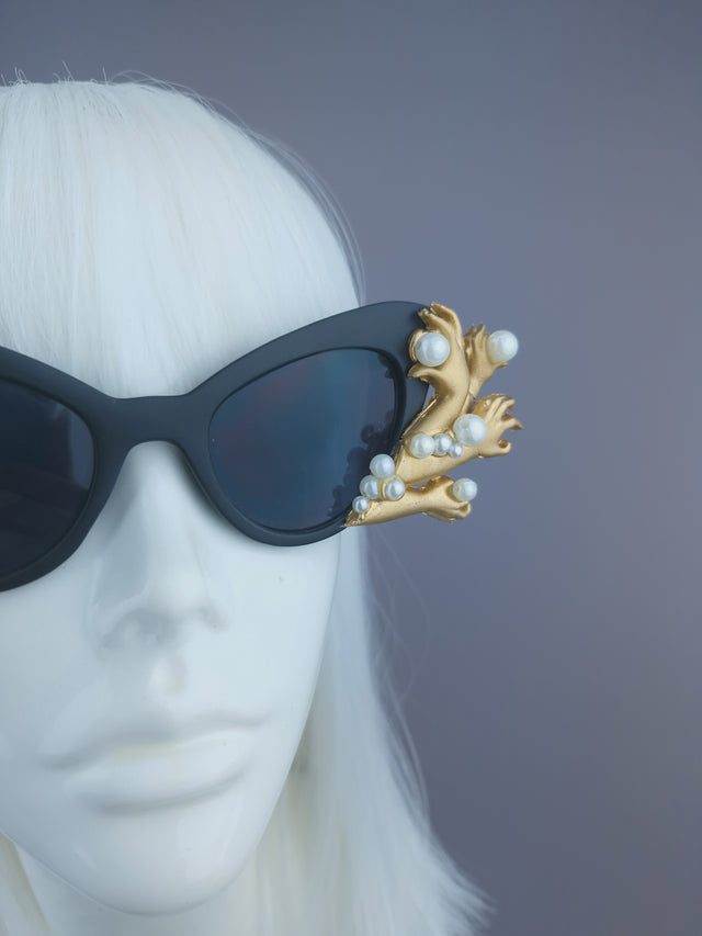 Pearls & Swine: Gold Hands & Pearl Black Sunglasses "Grip"