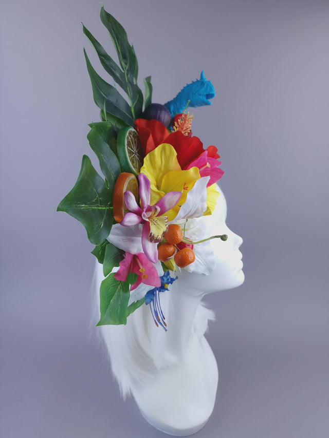 Pearls & Swine: Maximalist Tropical Floral Headpiece with Dinosaur "Jungle Boogie"