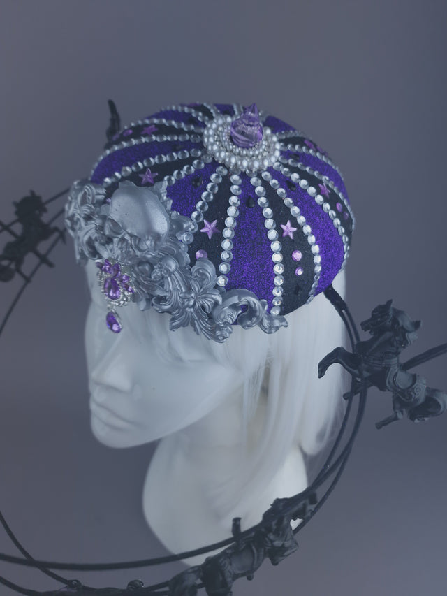 "Cirque Forever" Black & Purple Circus Carousel Wired Veil Hat
