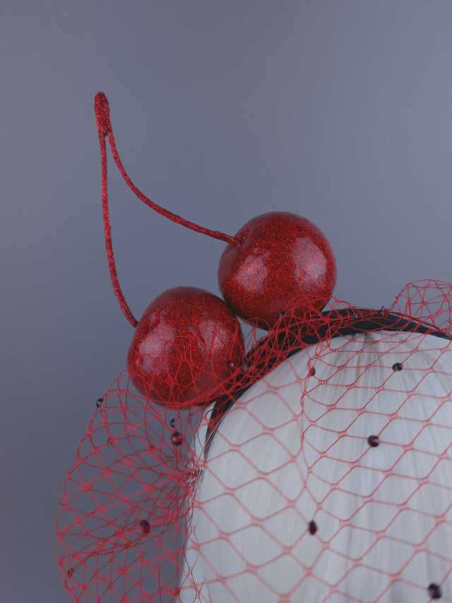 "Accro Aux Cerises" Large Red Glitter Cherries Crystal Veil Headpiece