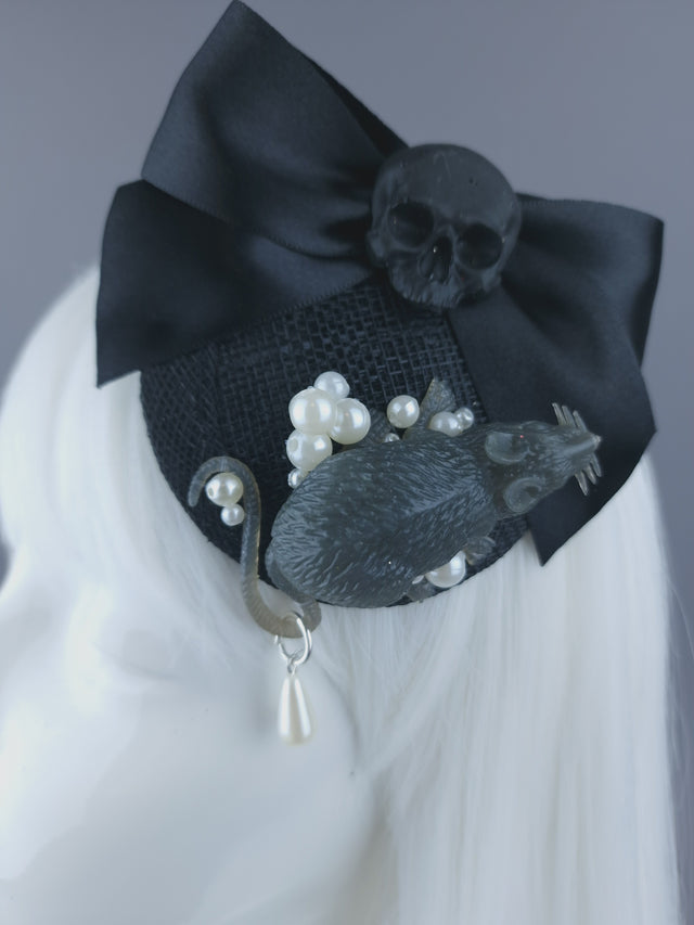 Pearls & Swine: Black Skull, Bow, Rat & Pearls Mini Fascinator "Murine"