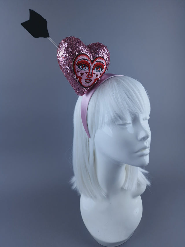 "Crush" Pink Glitter Heart with Embroidery Face Headdress