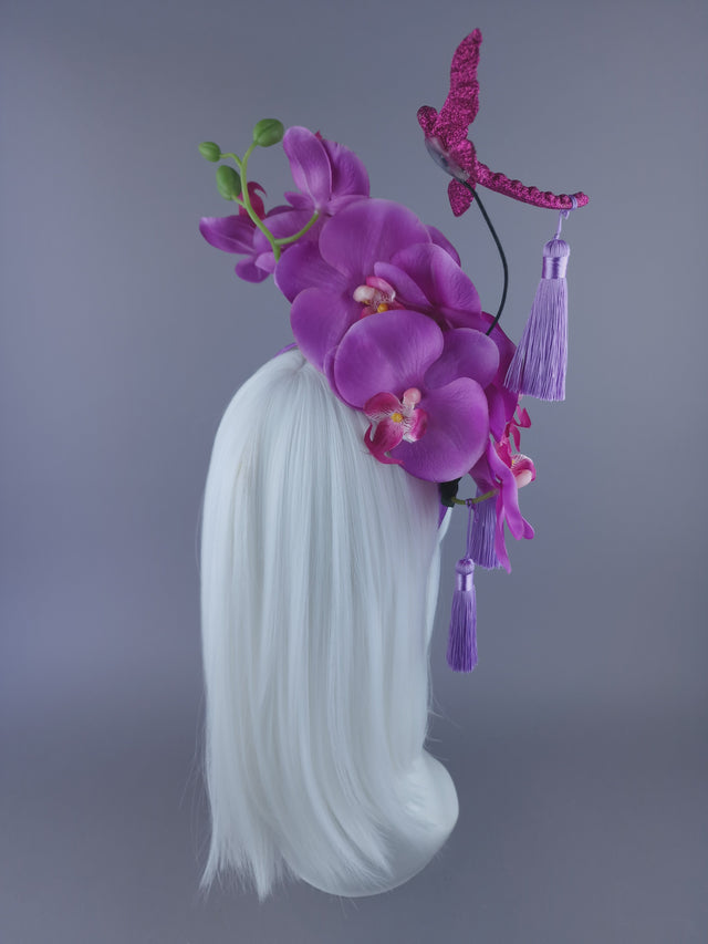 "Lanfen" Pink Purple Orchid, Dragonfly & Tassel Headdress