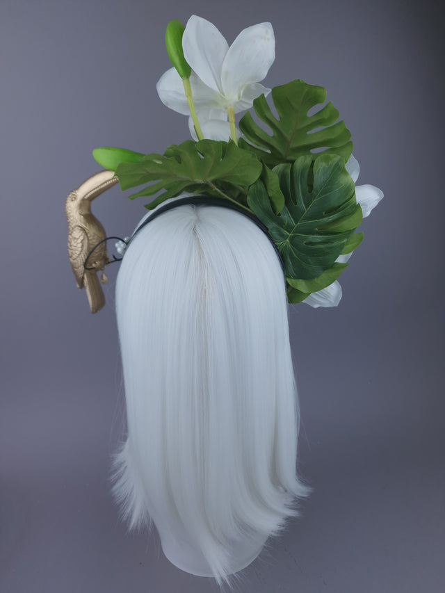 Pearls & Swine: Maximalist Ivory Orchid Floral Headpiece with Toucan