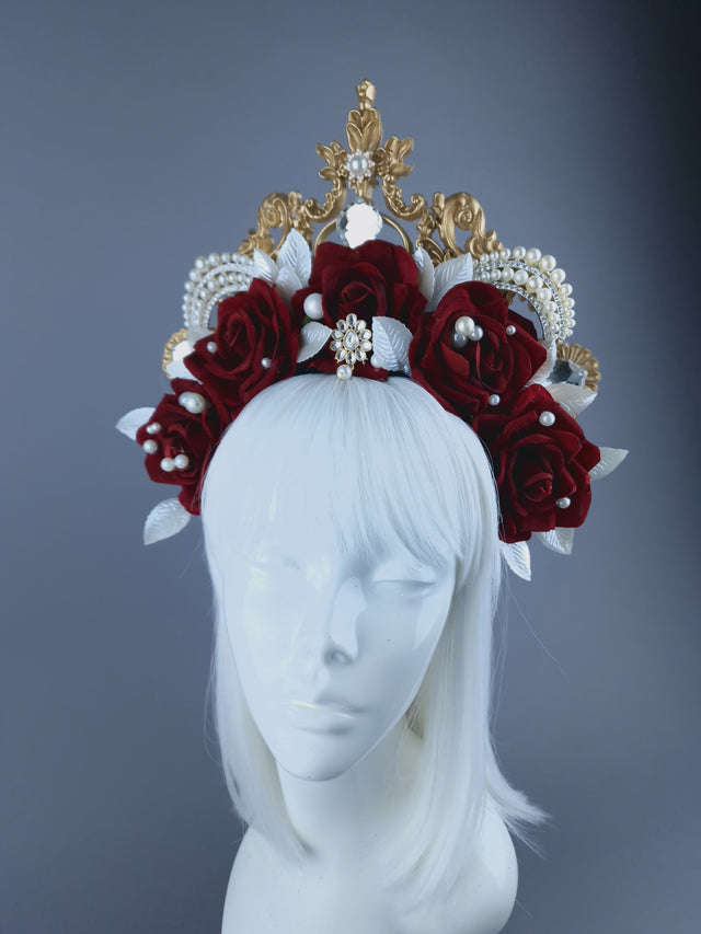 "Doryu" Red Rose, Pearls & Gold Filigree Halo Headdress