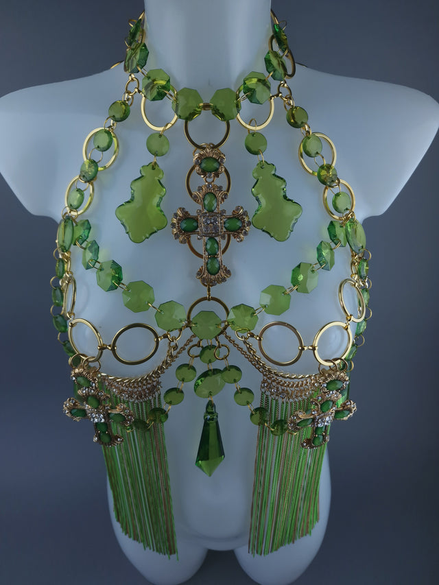 "Limelight" Green & Gold Jewel & Chain Harness