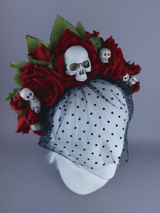 "Dearly Beloved" Red Rose, Skull Veil Headdress