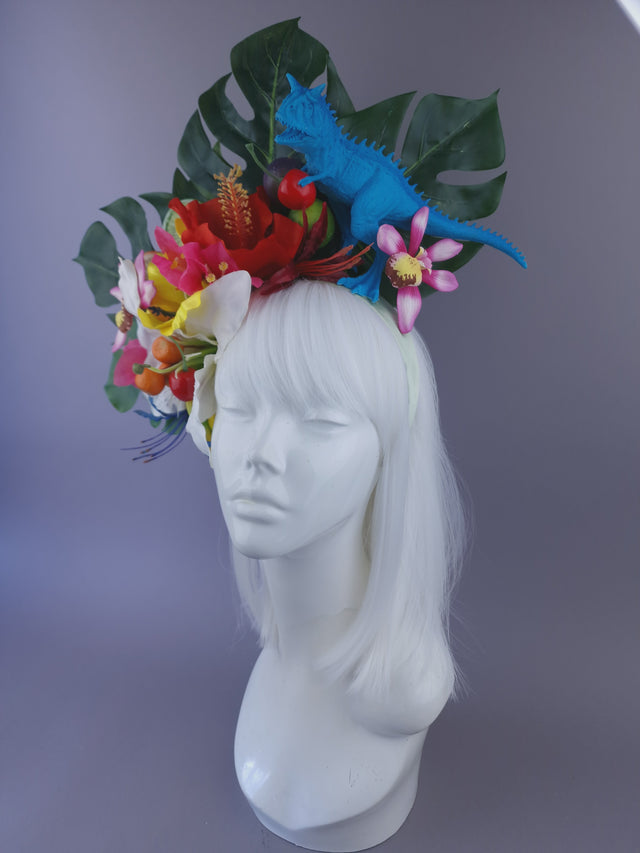 Pearls & Swine: Maximalist Tropical Floral Headpiece with Dinosaur "Jungle Boogie"