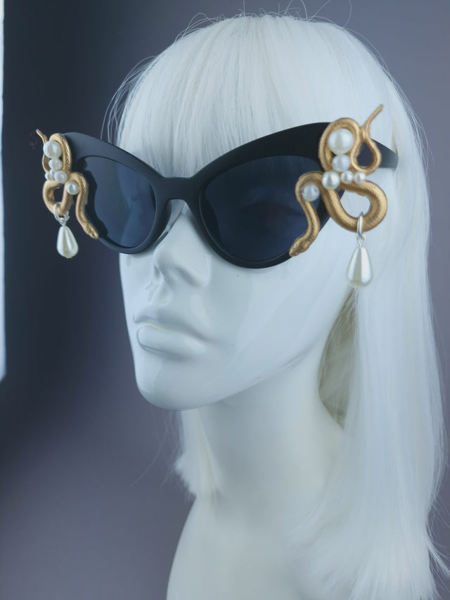 Pearls & Swine: Gold & Pearl Snake Black Sunglasses "Beguile"