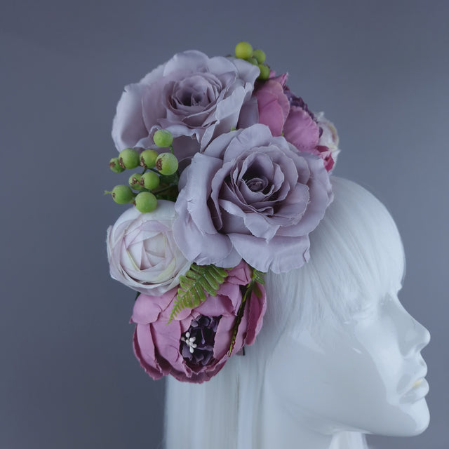"Amethyst" Pink & Purple Rose & Peony Flower Headdress