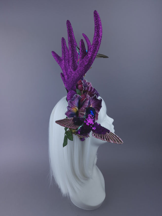 Pearls & Swine: Maximalist Purple/Pink Floral Deet Horn Headdress with Hummingbirds