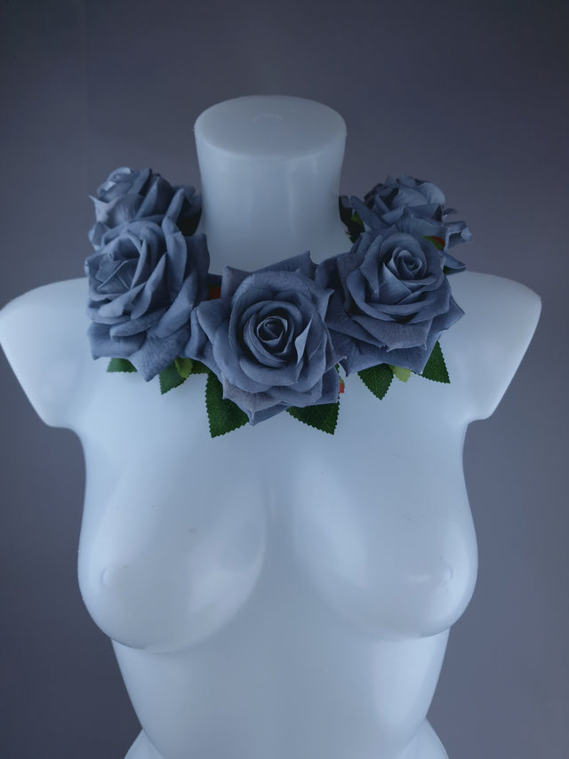 "Eva" Grey Velvet Rose Flower Headdress & Neckpiece