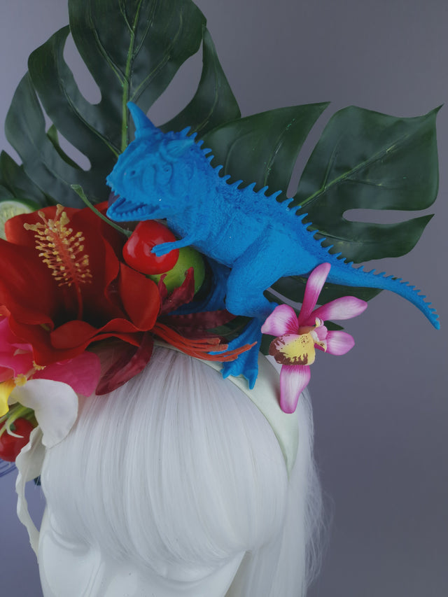 Pearls & Swine: Maximalist Tropical Floral Headpiece with Dinosaur "Jungle Boogie"