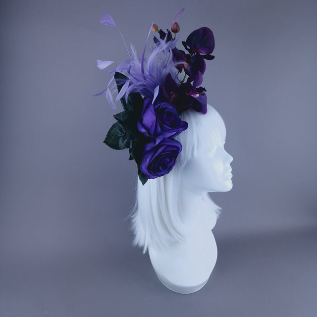 "Alina" Purple Orchid & Rose Feather Headdress