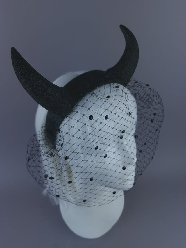 Pearls & Swine: Large Black Glitter Devil Horn Veil Headpiece "Hot Stuff"