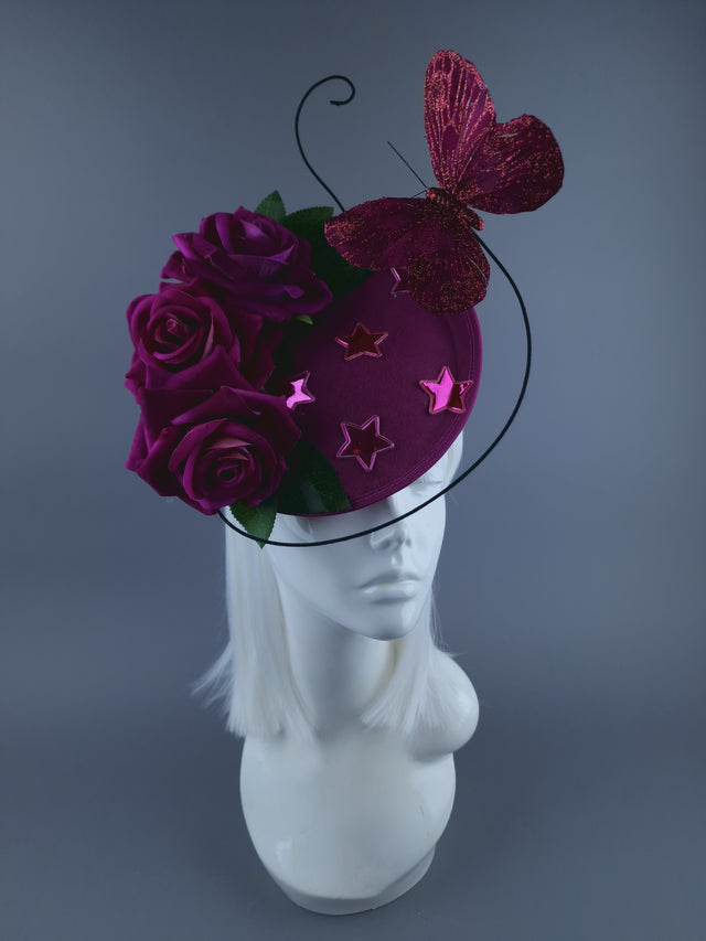 "Emily" Cerise Rose, Stars & Butterfly Fascinator Hat