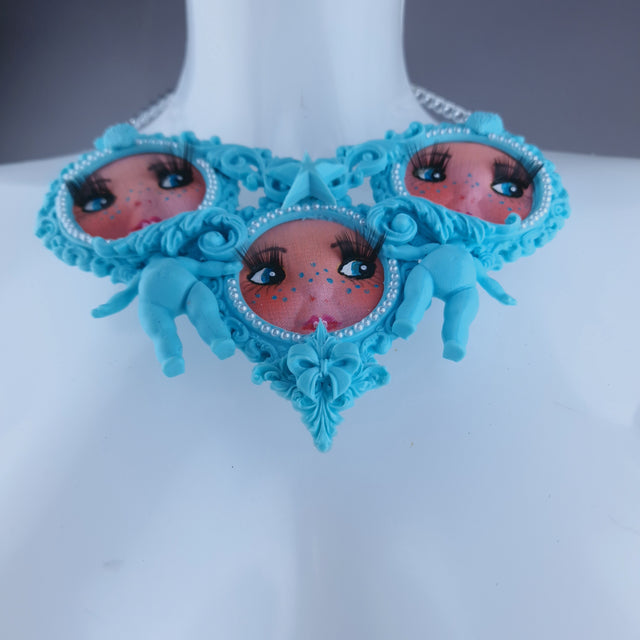 "Triple" Pastel Blue Dollface Filigree & Pearl Neckpiece