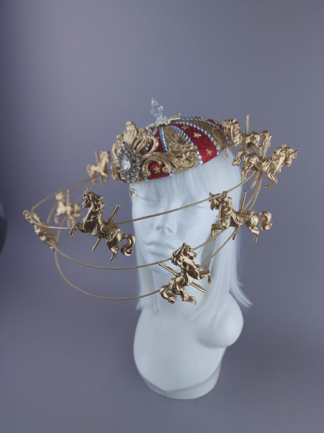 "Cirque Forever" Gold & Red Circus Carousel Wired Veil Hat