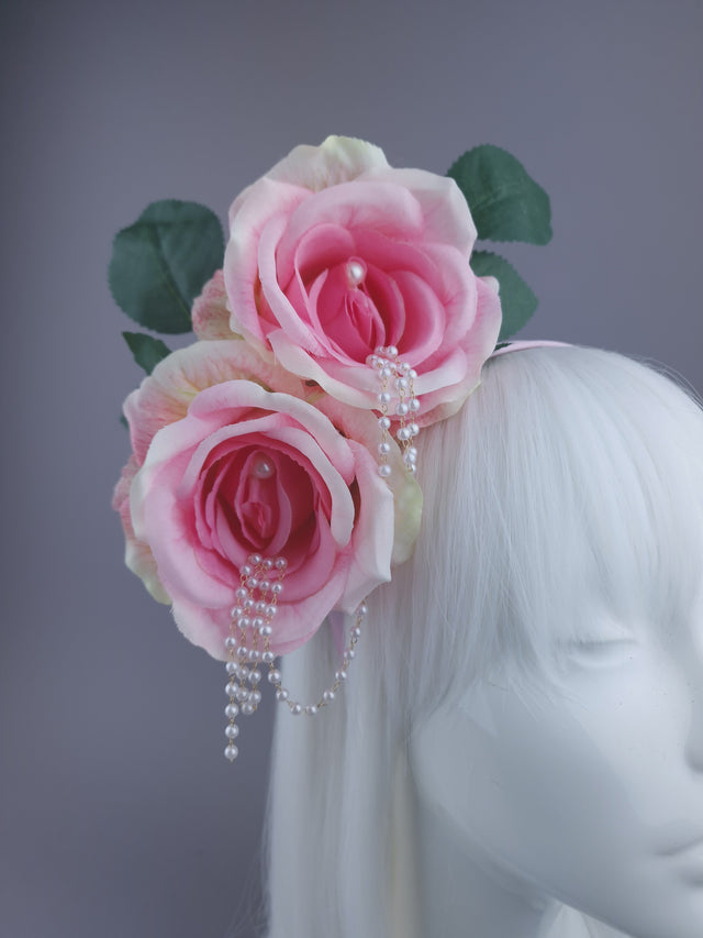 Pearls & Swine: Pink Rose & Pearl Flower Headdress "Fufu"