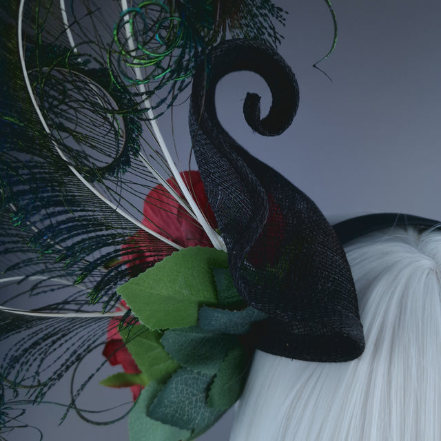 "Sass" Red Rose & Peacock Feather Headdress
