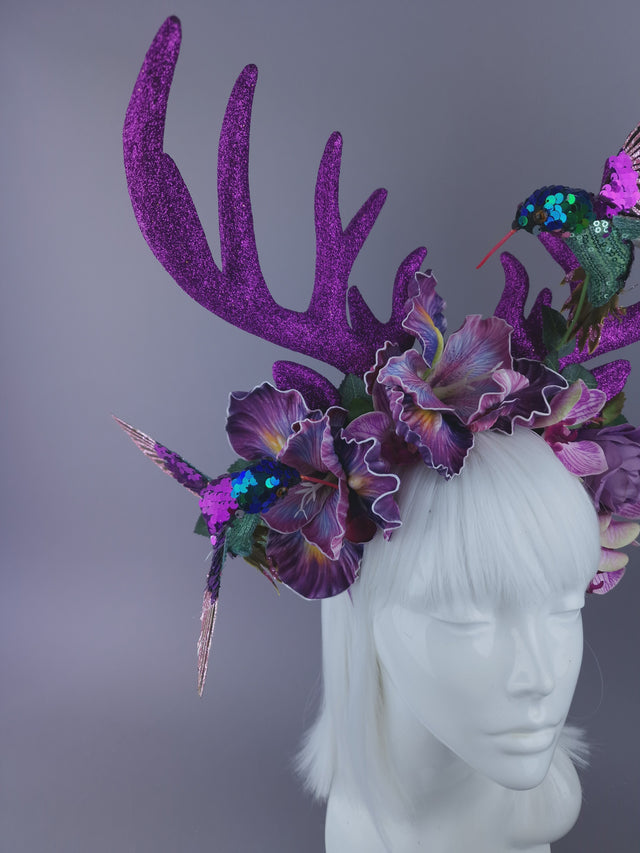 Pearls & Swine: Maximalist Purple/Pink Floral Deet Horn Headdress with Hummingbirds