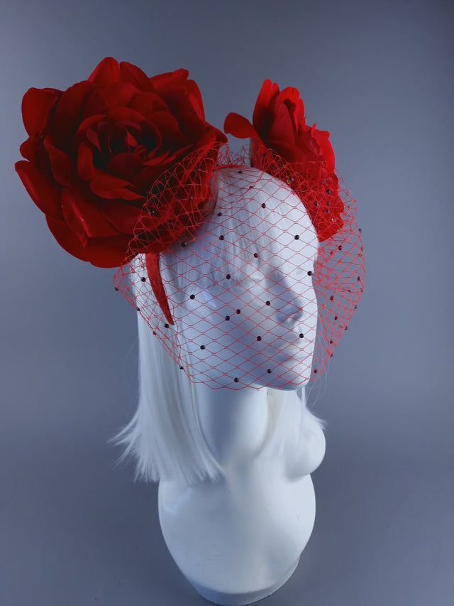 "Amias" Giant Red Rose Crystal Veil Headdress