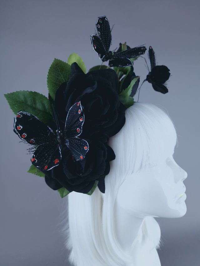 "Devaki" Black Rose & Butterfly Flower Headdress