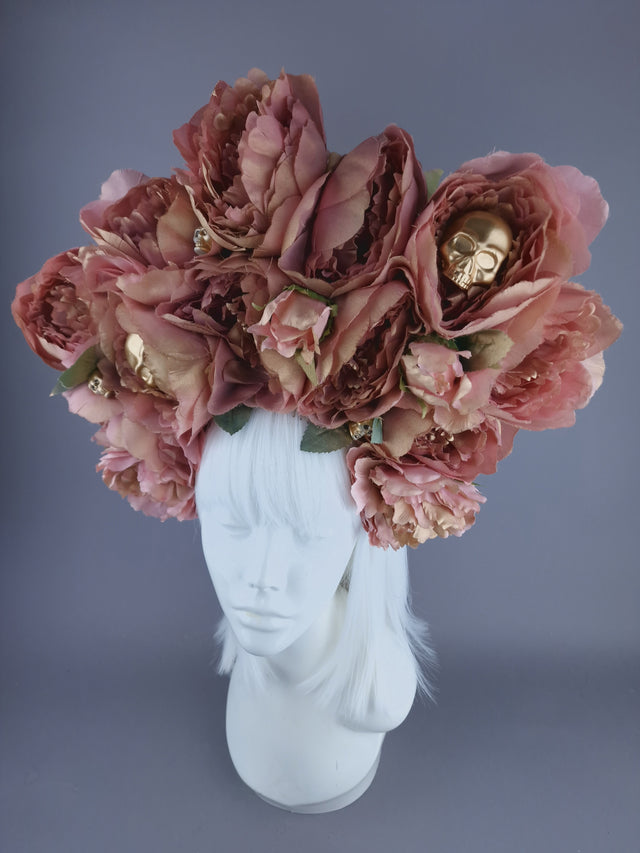 "Aya" Dusky Pink & Gold Peony Headdress with Skulls