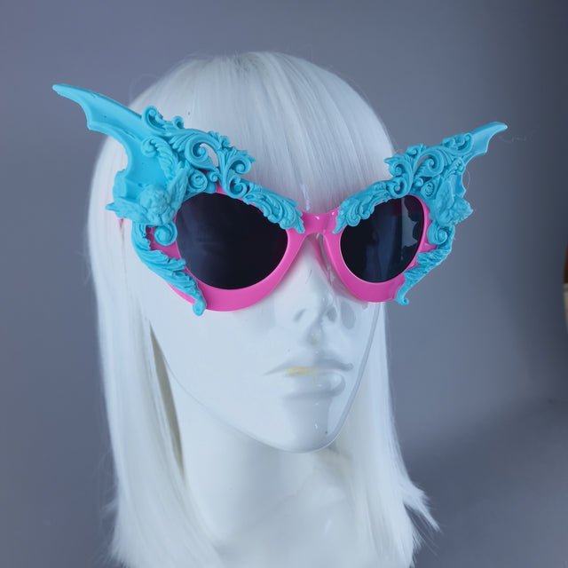 "Bathory" Pink & Blue Filigree Ornate Bat Wing & Cherub Sunglasses