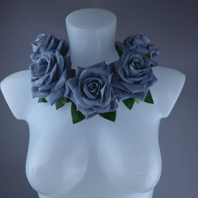 "Eva" Grey Velvet Rose Flower Headdress & Neckpiece