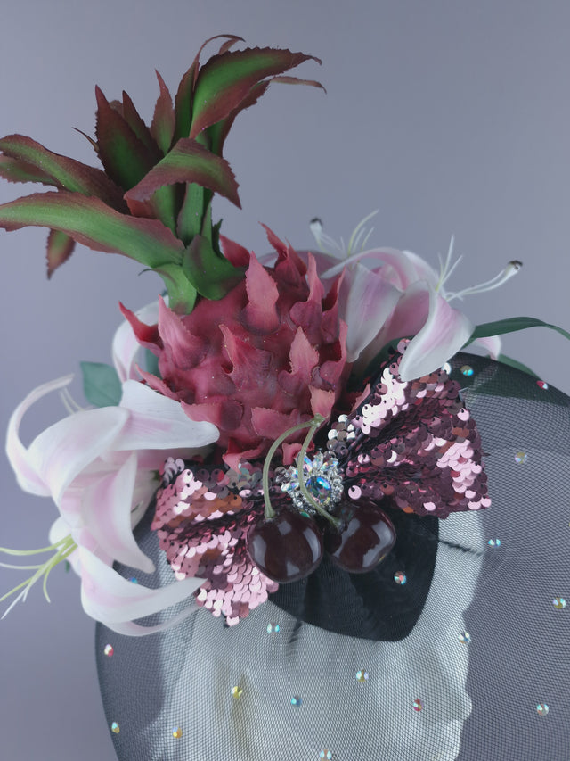 "Tuti" Pink Pineapple Flower Veil Fascinator