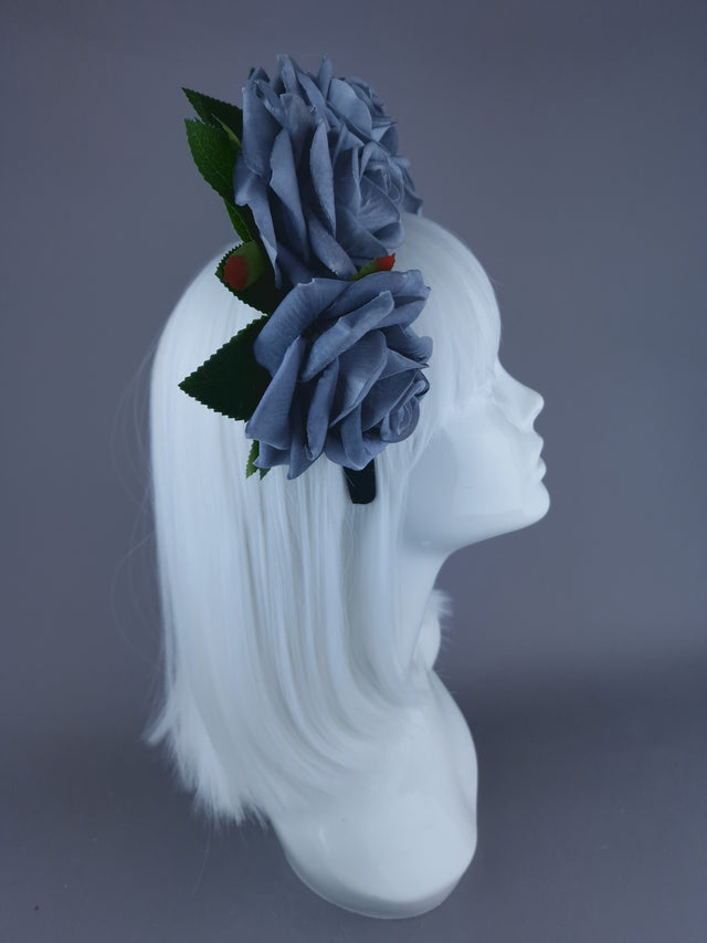 "Eva" Grey Velvet Rose Flower Headdress & Neckpiece