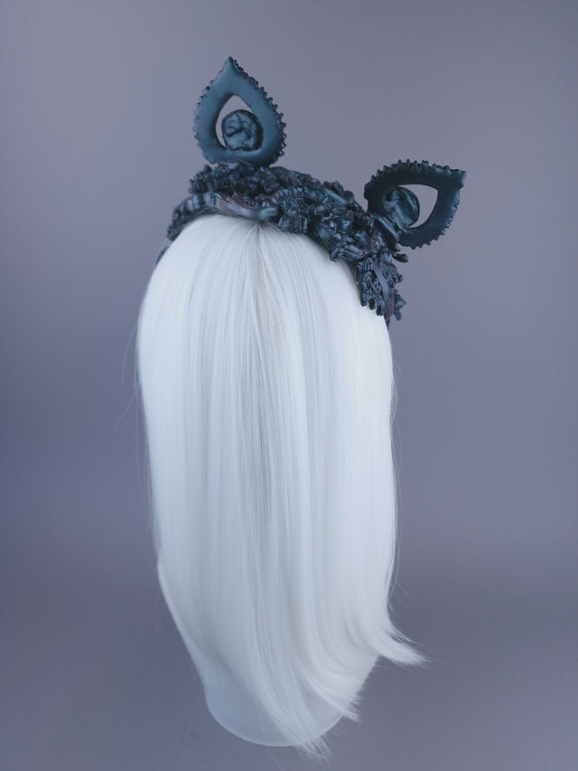 "Ruína" Teal Filigree Angel Cat Ear Fascinator Hat