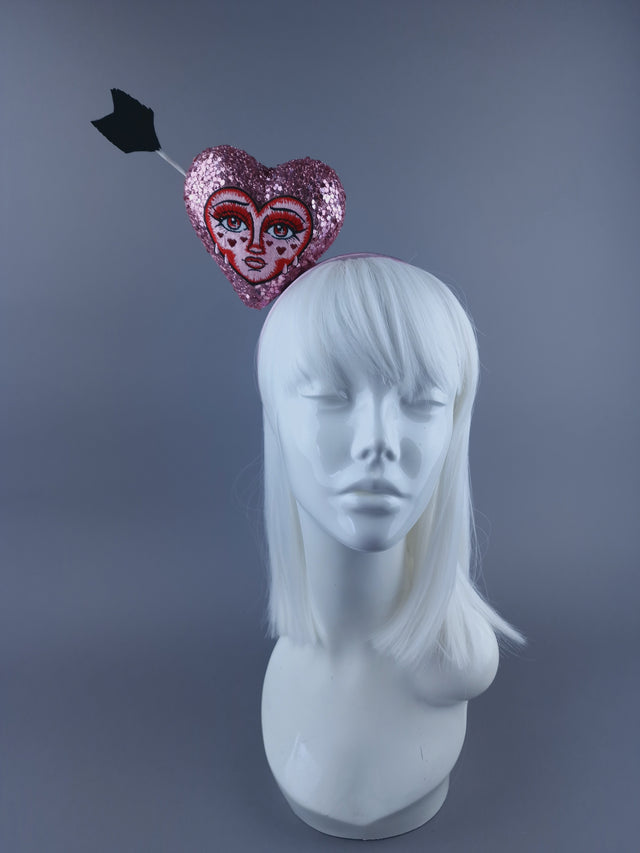 "Crush" Pink Glitter Heart with Embroidery Face Headdress