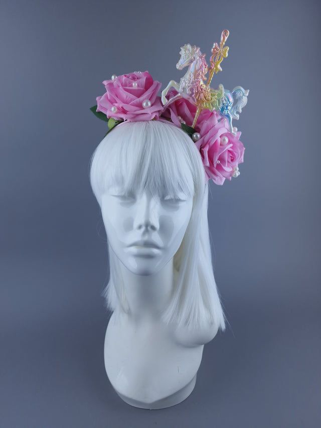 "Spin" Velvet Pink Rose, Pearls & Carousel Horse Headdress