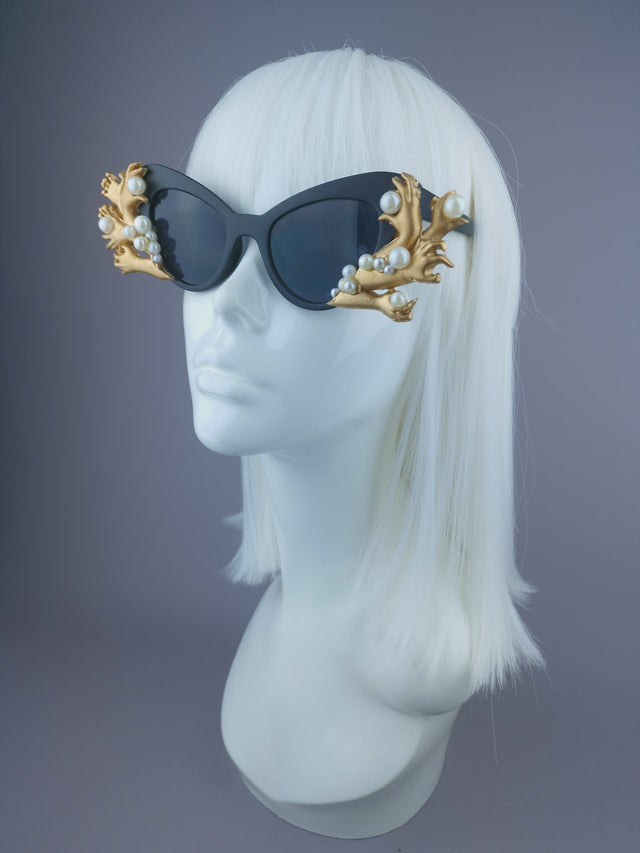 Pearls & Swine: Gold Hands & Pearl Black Sunglasses "Grip"
