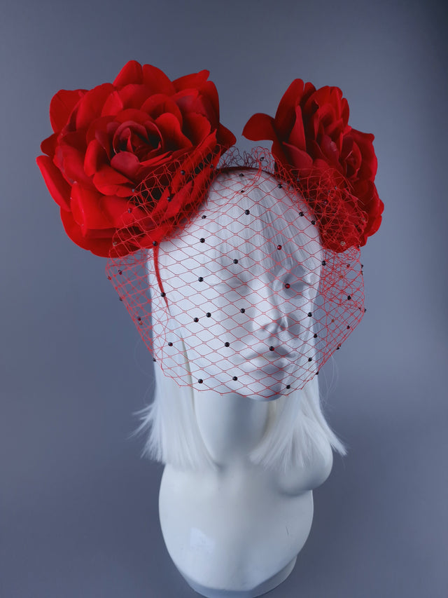 "Amias" Giant Red Rose Crystal Veil Headdress