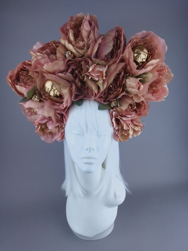 "Aya" Dusky Pink & Gold Peony Headdress with Skulls