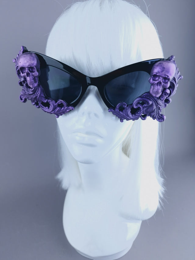 "Goth AF" Purple Black Filigree & Skulls Catseye Sunglasses