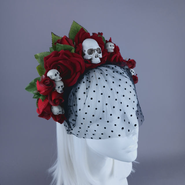 "Dearly Beloved" Red Rose, Skull Veil Headdress