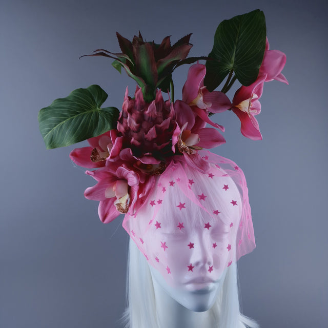 "Anona" Pink Pineapple, Orchid & Star Veil Headdress