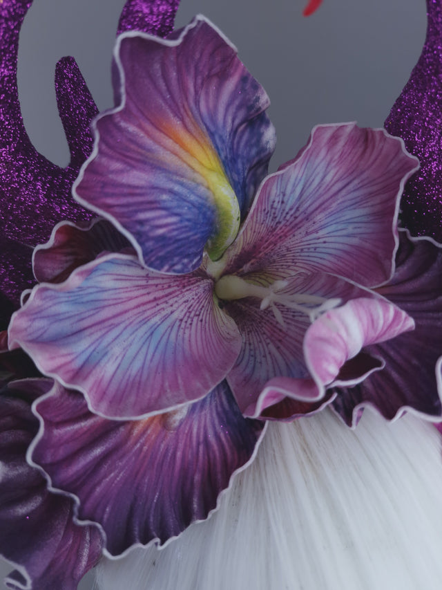 Pearls & Swine: Maximalist Purple/Pink Floral Deet Horn Headdress with Hummingbirds