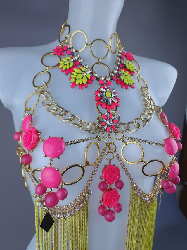 "Hermia" Neon Yellow & Pink Jewel & Chain Harness