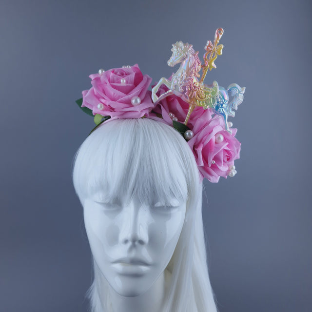 "Spin" Velvet Pink Rose, Pearls & Carousel Horse Headdress