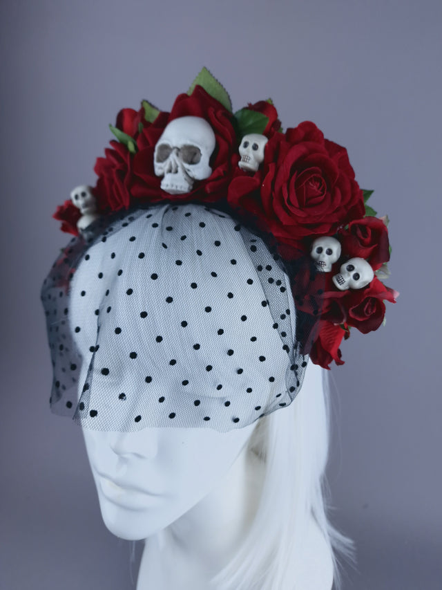 "Dearly Beloved" Red Rose, Skull Veil Headdress