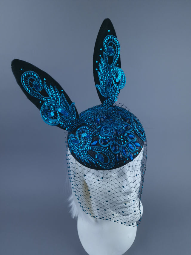 "Luhlaza" Blue Lace Bunny Rabbit Ear Fascinator Hat